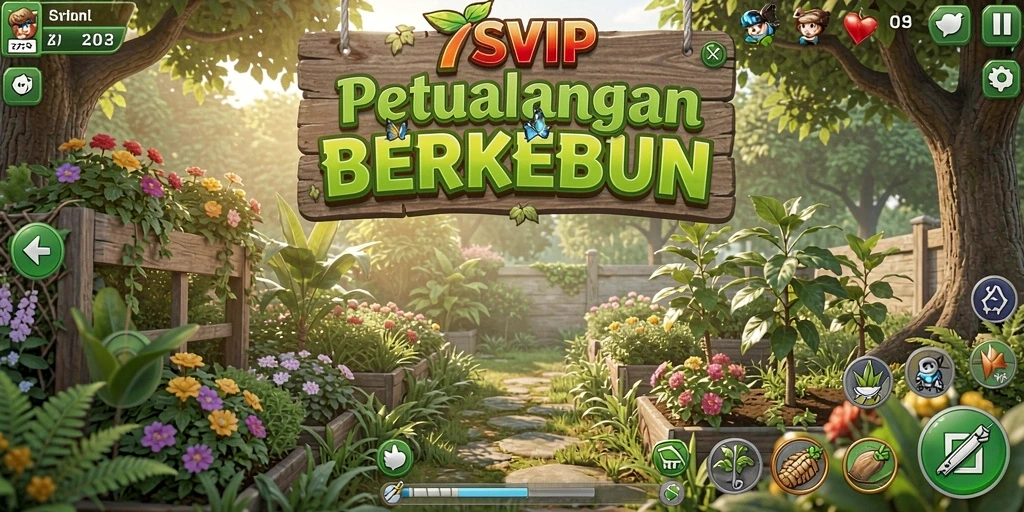 Screenshot gameplay 7SVIP menampilkan kebun yang subur dan aktivitas bertani.
