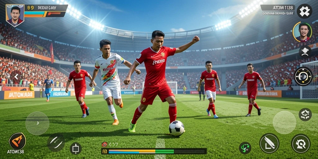 Screenshot gameplay ATOM138 menampilkan aksi sepak bola yang seru.