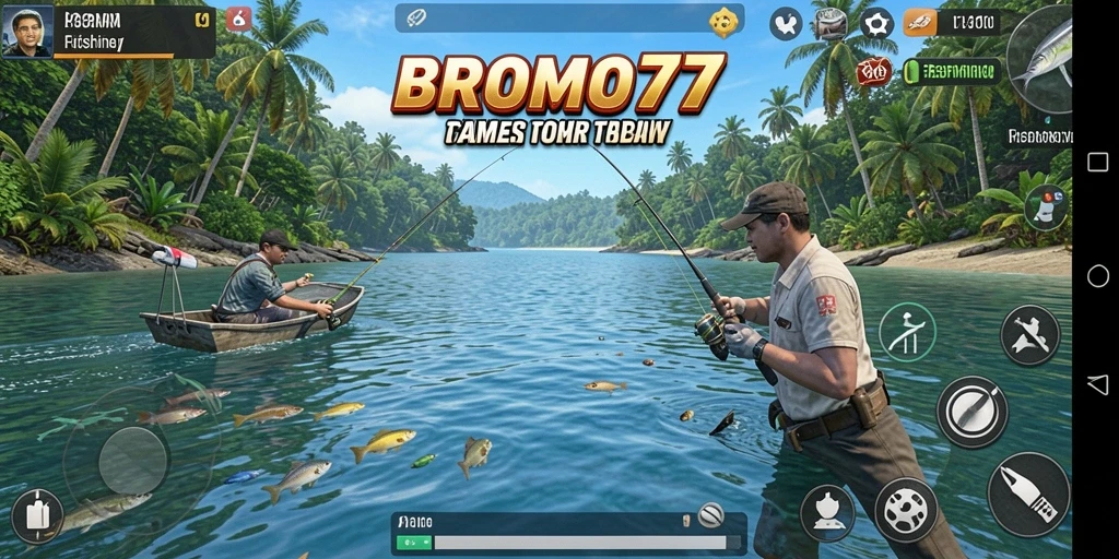 Screenshot gameplay BROMO77 menampilkan aksi memancing seru.