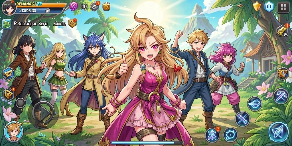 Screenshot gameplay DEWANAGA77 yang menunjukkan aksi karakter Anime.