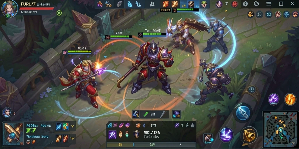 Tampilan gameplay seru dalam FURLA77 menunjukkan aksi pertarungan MOBA yang dinamis.