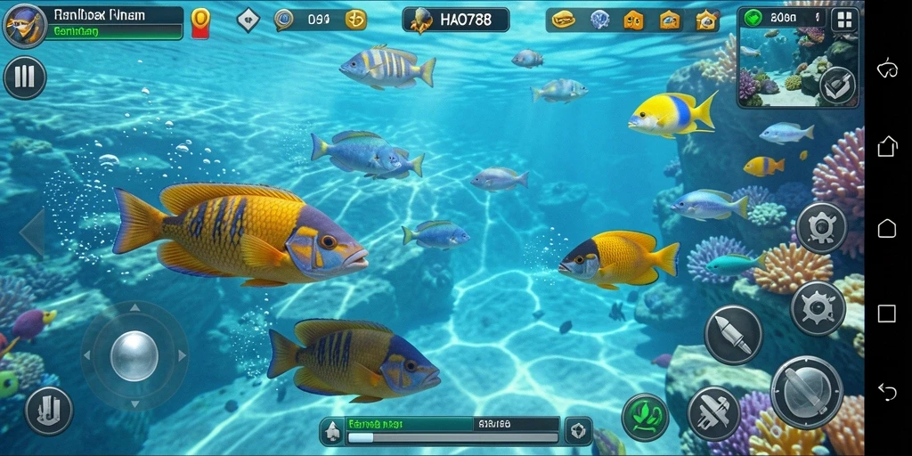 Tampilan gameplay seru HAO788 saat menembak ikan berwarna-warni.