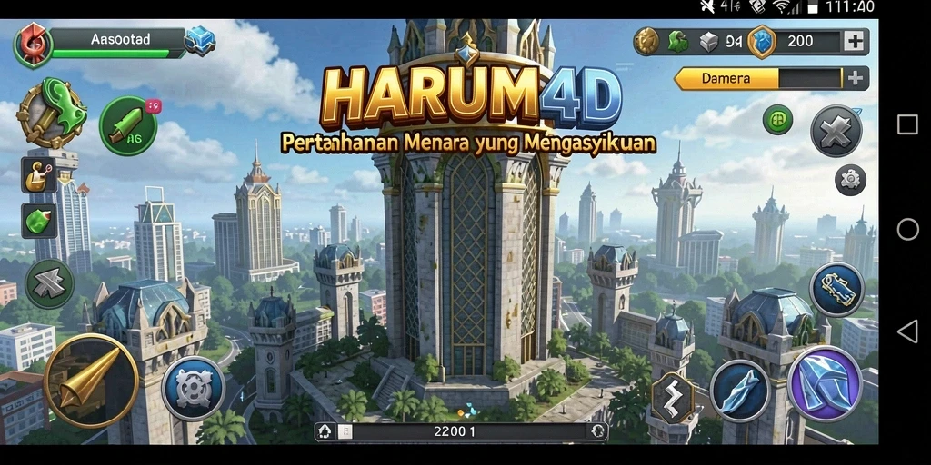 Tangkapan layar gameplay <strong>HARUM4D</strong> menampilkan aksi pertahanan menara yang intens.