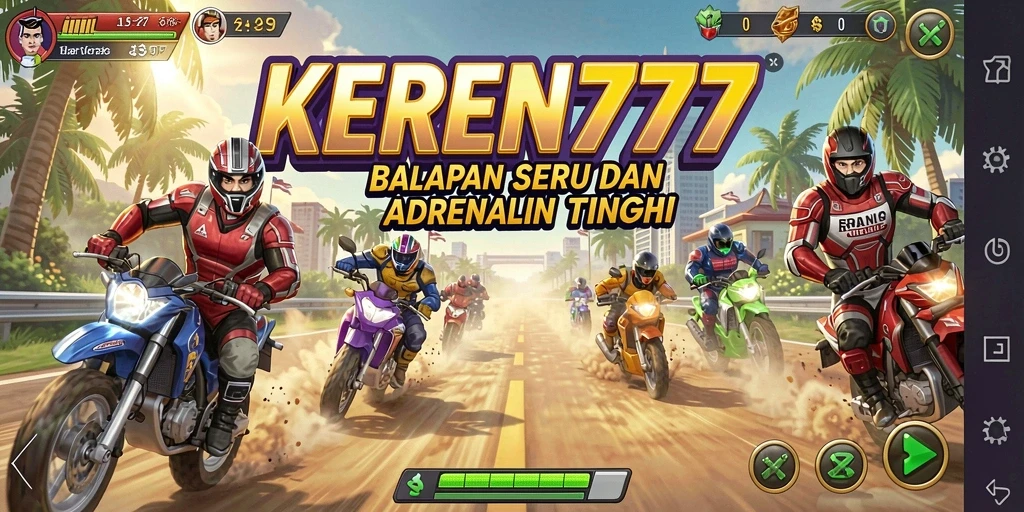 Gameplay seru KEREN777 dengan mobil balap di trek.
