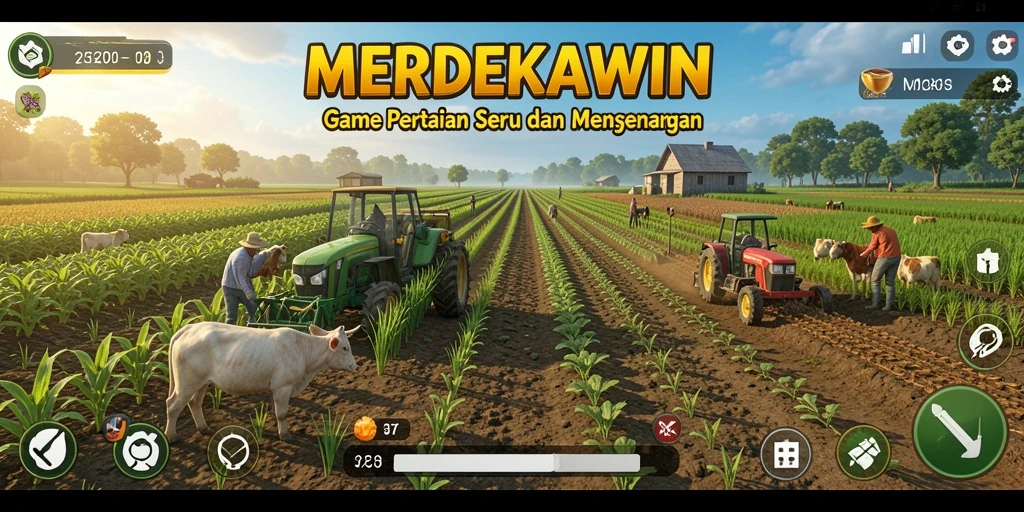 Tampilan gameplay <strong>MERDEKAWIN</strong> yang menggambarkan suasana pertanian yang cerah.