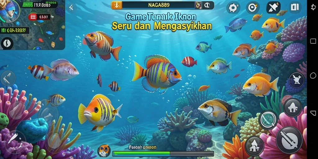 Gambar menampilkan gameplay seru Tembak Ikan NAGA889 dengan aksi menembak ikan.