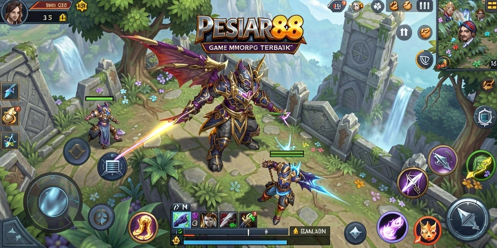 Tangkapan layar utama PESIAR88 menampilkan pertarungan seru dalam dunia MMORPG.
