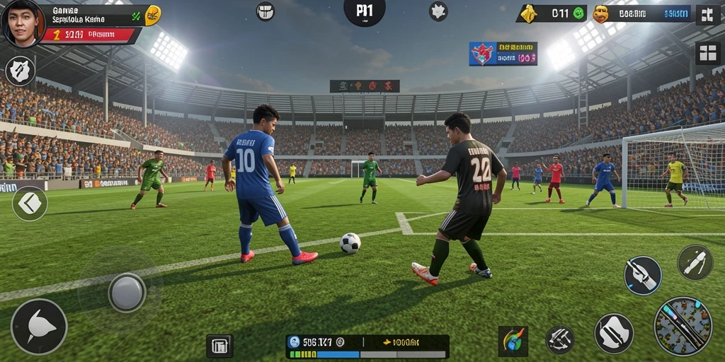 Screenshot gameplay PG11 menunjukkan aksi seru di lapangan sepak bola.