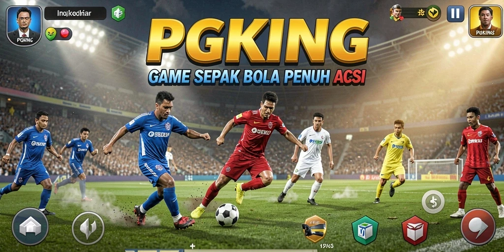 Screenshot utama PGKING menunjukkan aksi permainan sepak bola yang mendebarkan.
