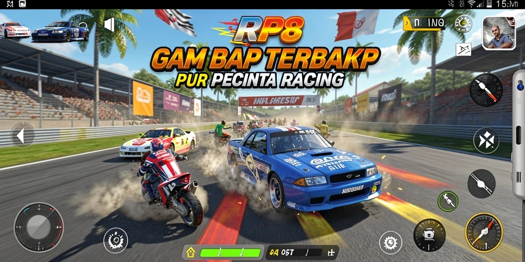 Screenshot gameplay RP8 menampilkan momen seru balapan di lintasan yang menegangkan.