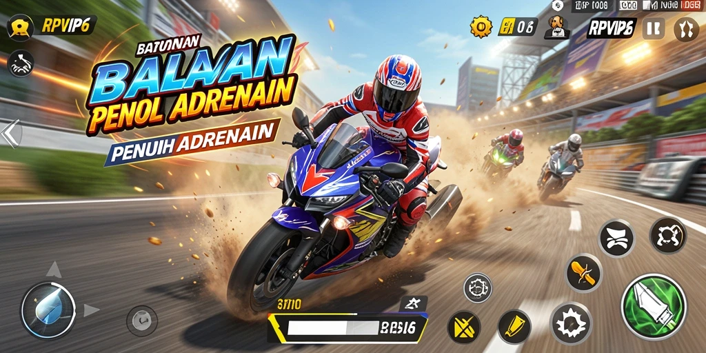 Gameplay RPVIP6 menampilkan balapan motor yang mendebarkan.