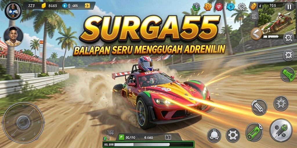 Tampilan gameplay menegangkan dari SURGA55 saat balapan motor.