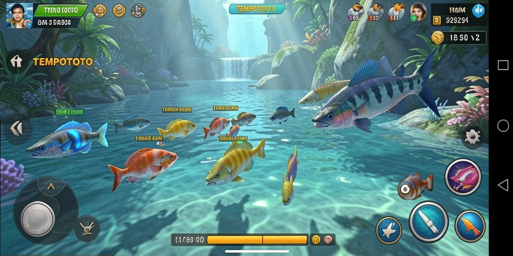 Screenshot menampilkan gameplay seru dalam TEMPOTOTO dengan berbagai jenis ikan.