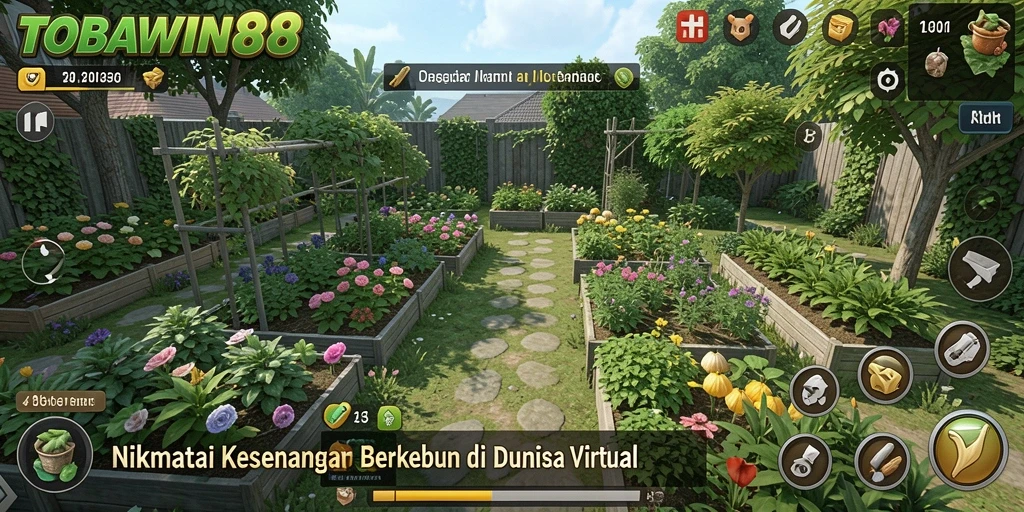Tampilan permainan TOBAWIN88 yang menampilkan aktivitas berkebun seru.