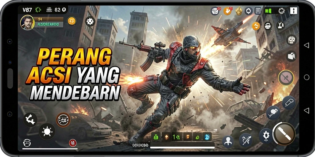 Screenshot gameplay V87 menampilkan pertempuran aksi yang mendebarkan.